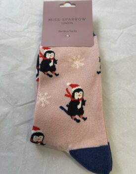 Womens Skiing Penguins Socks - Dusky Pink